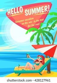 Summer Holidays background. Vector Illustration about Girl on beach. Selfie. Vacation on the sea.
