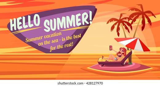 Summer Holidays background. Vector Illustration about Girl on beach. Selfie. Vacation on the sea.