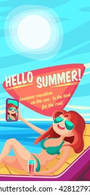Summer Holidays background. Vector Illustration about Girl on beach. Selfie. Vacation on the sea.