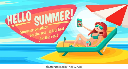 Summer Holidays background. Vector Illustration about Girl on beach. Selfie. Vacation on the sea.