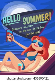 Summer Holidays background. Vector Illustration about Girl on beach. Selfie. Vacation on the sea. Summer night.