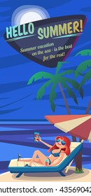 Summer Holidays background. Vector Illustration about Girl on beach. Selfie. Vacation on the sea. Summer night.