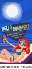 Summer Holidays background. Vector Illustration about Girl on beach. Selfie. Vacation on the sea. Summer night.