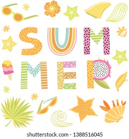 Summer holidays background. Vector summertime symbols set. Hand drawn letters and vacation icons set.