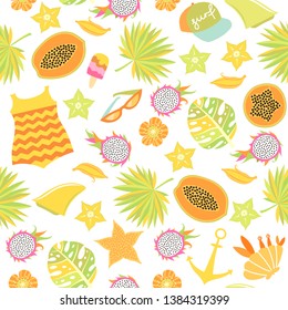 Summer holidays background. Vector tropical seamless pattern. Palm leaves, girls accessories, exotic fruits, flowers.