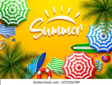 Summer holidays background in the yellow beach sand. Top view of beach element collections