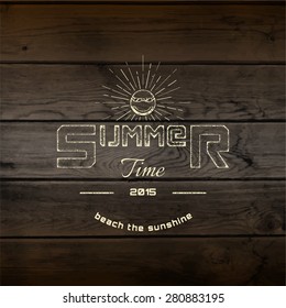 Summer holidays badges logos and labels for any use, on wooden background texture