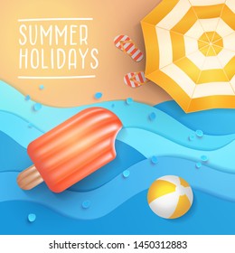 Summer holidays banner design template for poster, web, social media and mobile apps. Paper cut tropical beach top view background with umbrella, flip flops, ball and swim Ice cream air mattress.