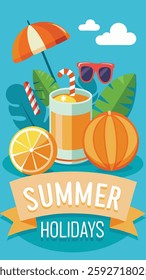 Summer Holidays Banner Design – Turquoise Beach Theme with Sunglasses, Ball and Citrus Slices for Travel Promotions. Beach Party Banner Vector , Vibrant Turquoise Background, Summer Holidays Text