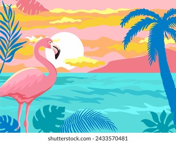 Summer holidays banner with flamingos against the background of the sea and the leaves of a palm tree. Beautiful pink flamingo bird standing in sea water on color background with sun and palm. Vector