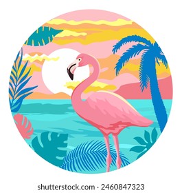 Summer holidays banner with flamingos, sea and the leaves of a palm tree. Beautiful pink flamingo bird standing in sea water on background with sun and palm. Vector composition in a circle.