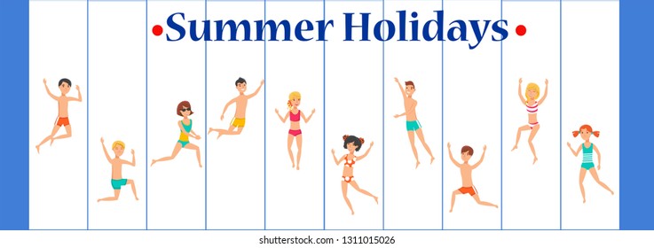 Summer holidays banner flat template. Sea resort. Holidaymakers, tourists play, have fun cartoon characters. Happy people in swim suits in different poses. Weekend, vacation illustration and lettering
