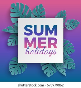 Summer holidays banner with paper cut frame and tropical plants on pink blue gradient background, floral design for banner, flyer, invitation, poster or web site. Paper cut style, vector illustration