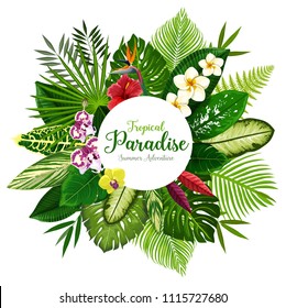 Summer holidays banner of tropical palm leaf and hawaiian flower. Exotic floral bouquet of hibiscus, plumeria, orchid and strelitzia flower, fern, monstera, fan and areca palm for invitation design