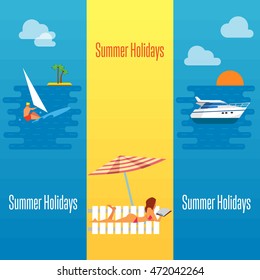 Summer holidays banner vector illustration. Sexy girl sunbathes on beach under the sun. Summer fun on beach