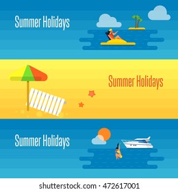 Summer holidays banner vector illustration. Sun lounger and beach umbrella on sand. Seascape with yacht, sunset, swimming girl and couple on water bike. Concept of holiday at sea.