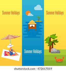 Summer holidays banner vector illustration. Woman sunbathes on beach under the sun. Natural landscape with palm, grass and sea crab. Seascape with water bungalows and tropical island with palm trees
