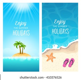 Summer holidays banners - traveling to tropical destinations, relaxation on the beach.