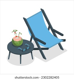 Afiche de fondo de playa de vacaciones de verano con estrella de silla y ilustración portadora de cóctel. Paisaje tropical de playa con tumbona y paraguas a orillas del mar. Vacaciones de verano.