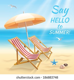 Summer holidays beach background say hello to summer wallpaper with sun chair and shade vector illustration.