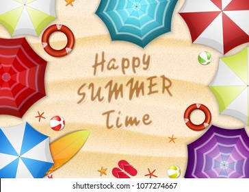 Summer holidays beach background. Top view of many umbrellas, surfboard, buoy, slipper, starfish, and beach ball