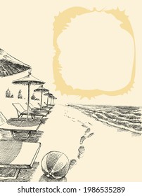 Sommerferien Strandhandzeichnung. Liegen und Regenschirme, Kinderspielzeug-Design