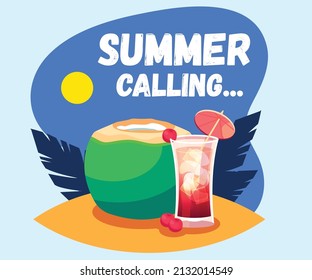 Summer holidays Beach illustration - Coconut and juice on beach in summer. Summer Vacation vibes