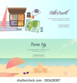 Summer holidays, beach labels, umbrella and castle illustration
