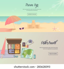 Summer holidays, beach labels, umbrella and castle illustration