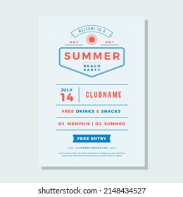 Summer holidays beach party flyer typography night club event label design. Vector illustration good for posters or flyers.