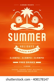 Summer Holidays Beach Party Typography Poster or Flyer Design. Night Club Event or Invitation Vector Illustration Retro Style. 