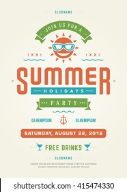 Summer Holidays Beach Party Typography Poster or Flyer Design. Night Club Event or Invitation Vector Illustration Retro Style. 