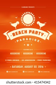 Summer Holidays Beach Party Typography Poster or Flyer Design. Night Club Event or Invitation Vector Illustration Retro Style. 