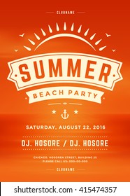 Summer Holidays Beach Party Typography Poster or Flyer Design. Night Club Event or Invitation Vector Illustration Retro Style. 