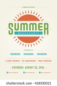 Summer Holidays Beach Party Typography Poster or Flyer Design. Night Club Event or Invitation Vector Illustration Retro Style. 