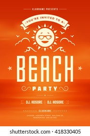 Summer Holidays Beach Party Typography Poster or Flyer Design. Night Club Event or Invitation Vector Illustration Retro Style. 