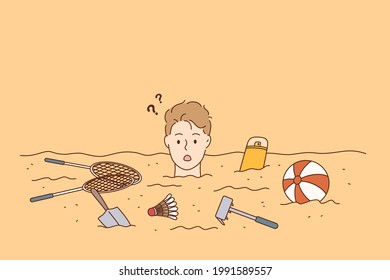 Summer holidays, beach, recreation concept. Portrait of Shocked boy cartoon character with stuck head in sand surrounded with beach accessories during trip vector illustration 