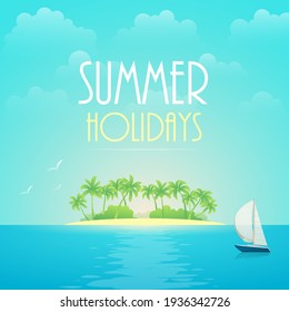 Summer holidays. beach sea, sky, ship in a beautiful background. Vector illustration.