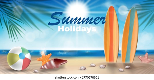 Summer Holidays in Beach Seashore banner design. Summer sea with beach sand against a sunny seascape. Vector Illustration