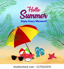 Summer Holidays in Beach Seashore Design with Hello Summer Typography..