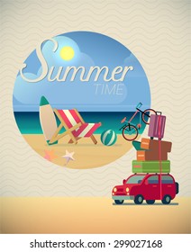 Summer Holidays in Beach Seashore.Car with luggage. Vector Illustration for use as poster, flyer,brochure and banner
