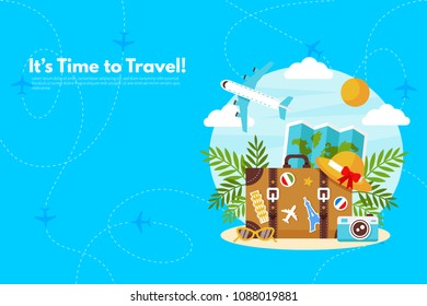 Summer Holidays in Beach Seashore. Summer vacation elements. It’s Time to Travel text. Travel concept background. Flat design vector illustration.