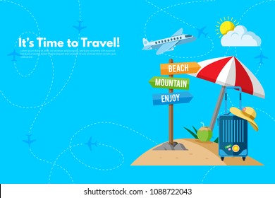 Summer Holidays in Beach Seashore. Summer vacation elements. It’s Time to Travel text. Travel concept background. Flat design vector illustration.