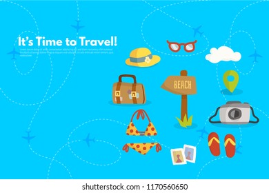 Summer Holidays in Beach Seashore. Summer vacation elements. It’s Time to Travel text. Travel concept background. Flat design vector illustration.