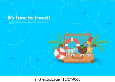 Summer Holidays in Beach Seashore. Summer vacation elements. It’s Time to Travel text. Travel concept background. Flat design vector illustration.