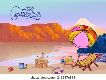 Summer holidays beach travel background with icon and symbol vector illustration design. Tropical vacation concept banner, poster, cards and backdrop.