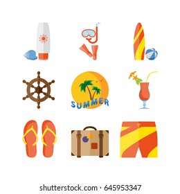 Summer holidays, beach vacation. Diving, snorkel, sunscreen, surfboard, cocktail and other. Seamless Icon for web and mobile application. Vector illustration isolated on a white background Flat.