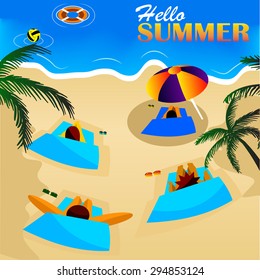 summer holidays, beach, vacation, people are relaxed and sunbathe. Vector Illustration