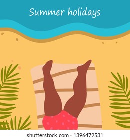 Summer holidays. Beach vacation. A young girl in a bathing suit sunbathes. Concept, greeting card, banner, background, poster of summer holiday. Vector illustration of hand drawn flat style