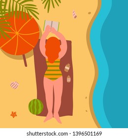 Summer holidays. Beach vacation. Young redhead girl in a bathing suit reading a book. Concept, greeting card, banner, background, poster of summer holiday. Vector illustration of hand drawn flat style